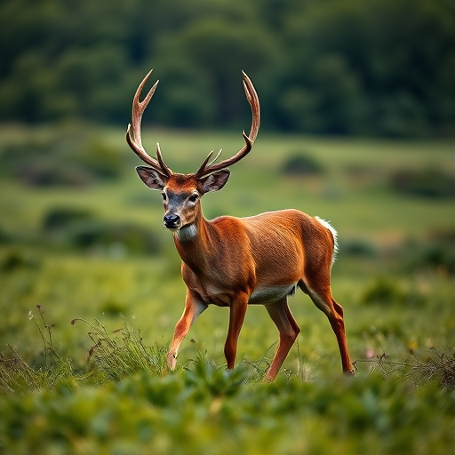 Generate a high-resolution image of a deer with antlers walking through a lush green field, captured with a Canon EOS 5D Mark IV, aperture f/4, shutter speed 1/500 sec, ISO 200, using a prime lens with a shallow depth of field for a blurred background effect, shot from a low angle perspective.