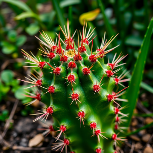 Regenerate the image of a green cactus with red and white spikes in a lush environment using a DSLR camera, aperture f/2.8, shutter speed 1/250s, ISO 100, taken from a macro view for enhanced detail and texture.
