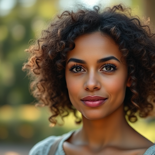 portrait of a woman with curly hair in a bokeh background, natural lighting, focused on facial features, 85mm lens, f/1.8 aperture, ISO 100, DSLR camera