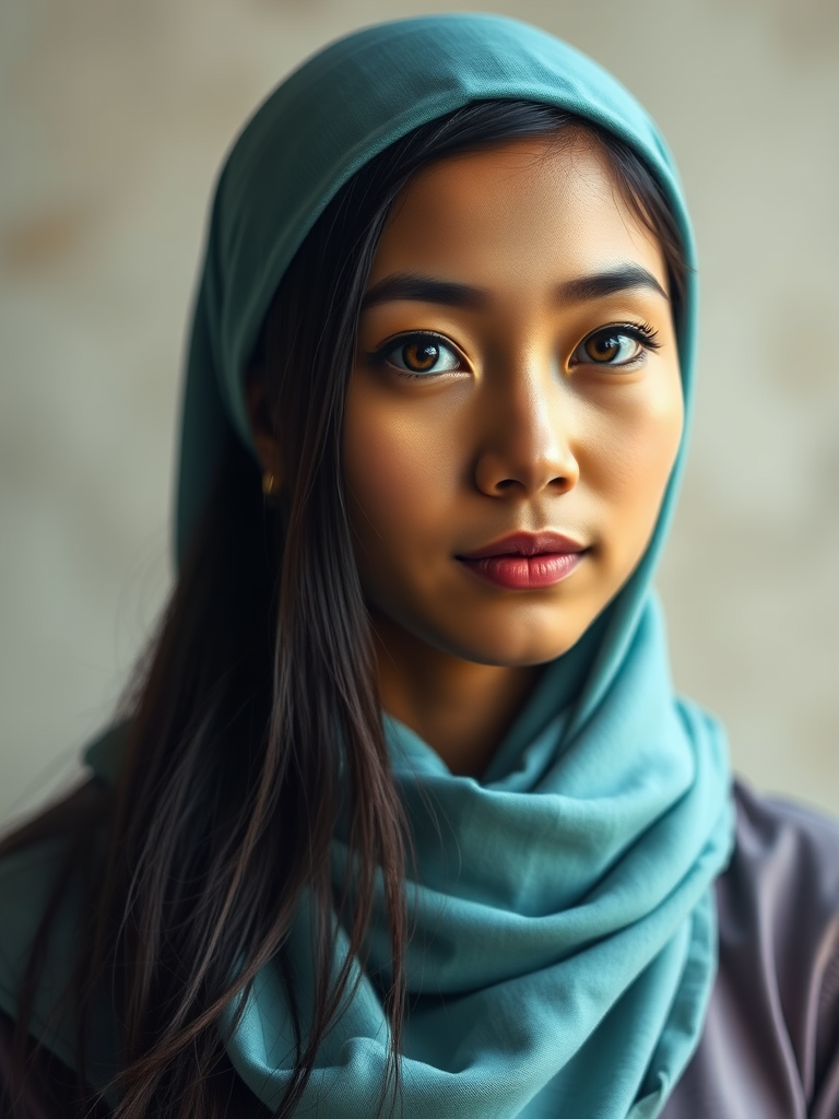 Create a portrait of a young Singaporean woman with long, dark hair and captivating hazel eyes. She is wearing a cyan headscarf and a matching scarf draped gracefully around her neck. The background is softly blurred, focusing attention on her serene and natural expression. The overall color palette is muted and warm, enhancing the intimate and authentic feel of the portrait.