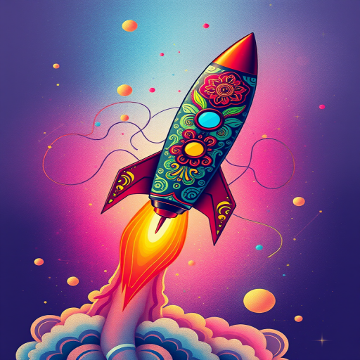 Create a vibrant and colorful illustration of a rocket blasting off with intricate patterns and designs, using a DSLR camera at f/8, ISO 100, 50mm lens, shot from an aerial view in high resolution.