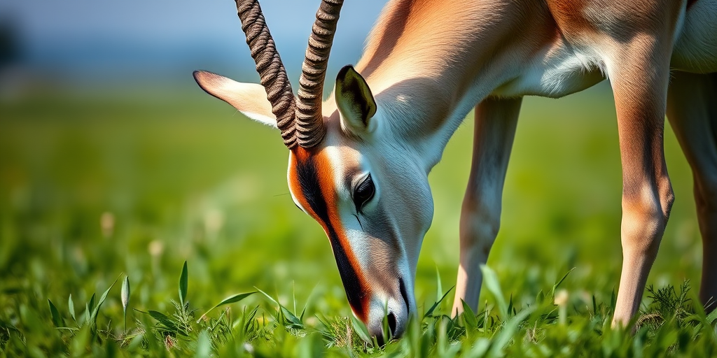 a close-up shot of an oryx grazing in a lush green field, captured with a Canon EOS R5 camera, 85mm f/1.8 lens, ISO 200, shutter speed 1/200 sec, natural light, shallow depth of field for a soft background, vibrant colors and sharp details