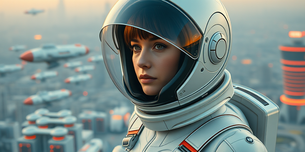 Create a high-resolution retro-futuristic image of a woman in a sleek space suit with a futuristic helmet, focusing on her confident expression against a backdrop of a utopian city and flying vehicles, shot with a Canon EOS R5 at f/2.8, ISO 100, 1/200s, using a wide-angle lens, soft lighting for a dreamy effect.