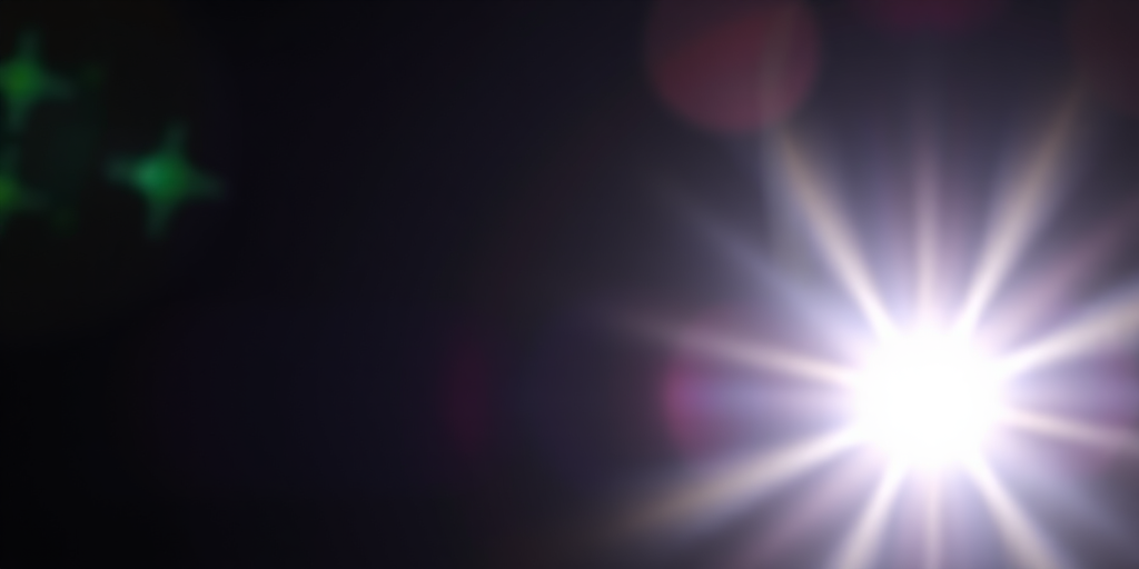 Create a high-resolution image of a bright lens flare on a dark background using a DSLR camera with a 50mm lens, f/1.8 aperture, ISO 100, and a shutter speed of 1/200s, captured from a frontal view in a soft focus style to enhance the luminous effect.