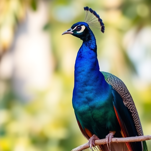 photograph a peacock with vibrant blue and green feathers perched gracefully on a branch, shallow depth of field, soft bokeh background, natural sunlight, ISO 200, f/2.8, 1/500s shutter speed, shot with a DSLR camera in landscape orientation