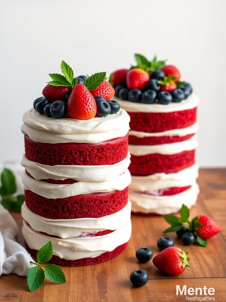 Create an image of two elegant red velvet cakes stacked with layers of cream cheese frosting and topped with fresh strawberries blueberries and green leaves on a wooden surface in a softly lit setting.