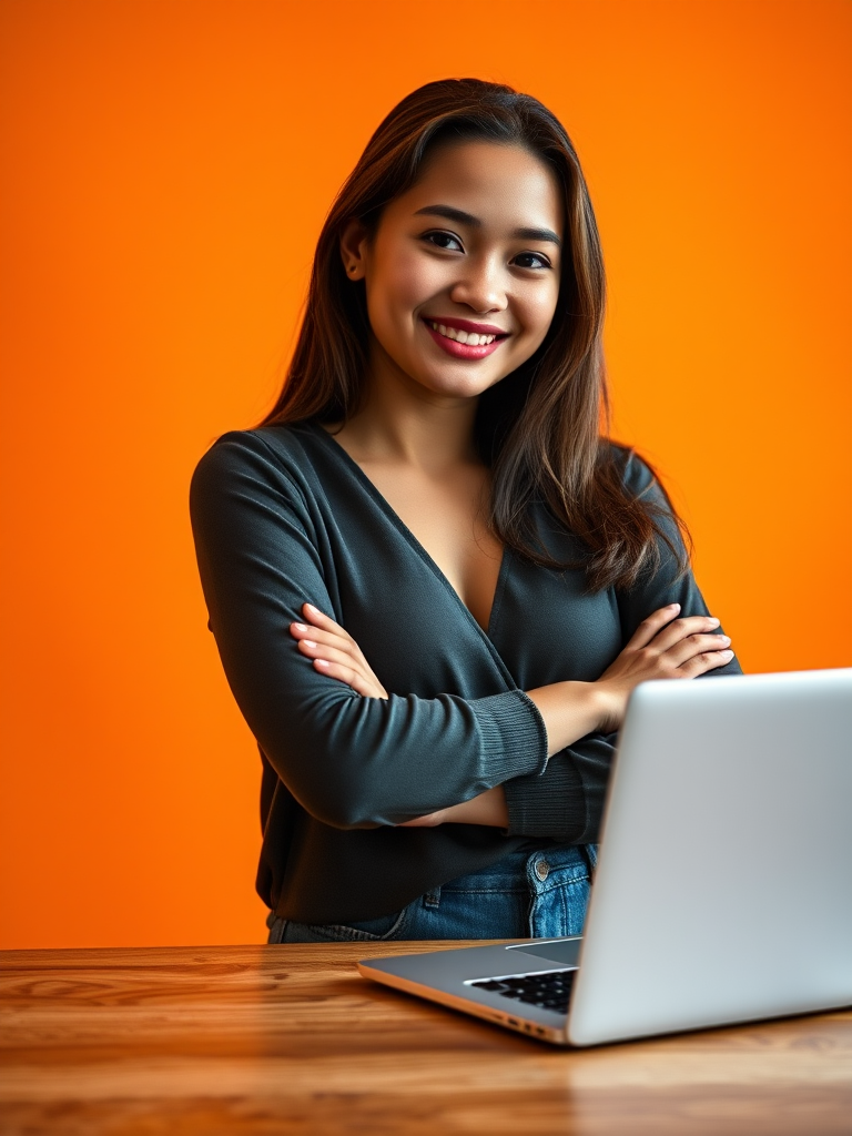 A portrait of a young woman with a confident smile, standing with arms crossed next to a laptop on a wooden table, with a vibrant orange background, captured with a Canon EOS 5D Mark IV, 50mm lens, f/1.8 aperture, ISO 100, and natural light.
