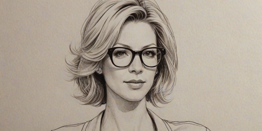 Ravishing Jenna Elfman, pencil sketch, portrait of Fetching woman 1975s in glasses, hair style beatnik, outline, clear lines, fine lines, 8k