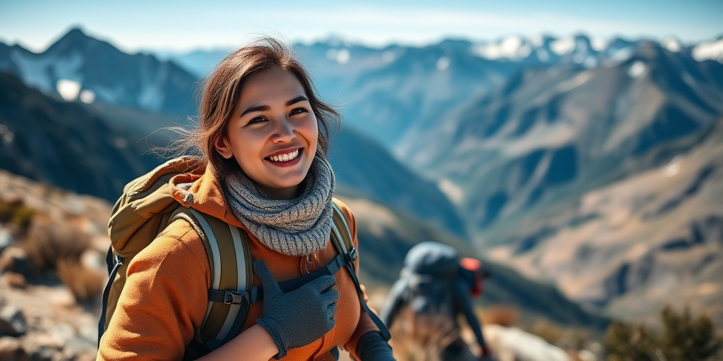 Capture a high-quality image of a woman smiling while hiking in a mountainous landscape, showcasing snow-capped peaks in the background, use a Canon EOS R5 with a 24-70mm f/2.8 lens, aperture f/4, ISO 100, shutter speed 1/500s, in natural daylight, with a wide-angle view to emphasize the vastness of the scenery.