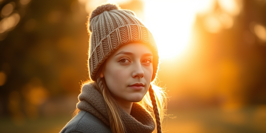 portrait of a person wearing a knitted hat standing against a sunlit background with soft bokeh effect, shot with a DSLR camera at f/2.8, ISO 100, 50mm lens, natural light in golden hour for enhanced warmth and clarity