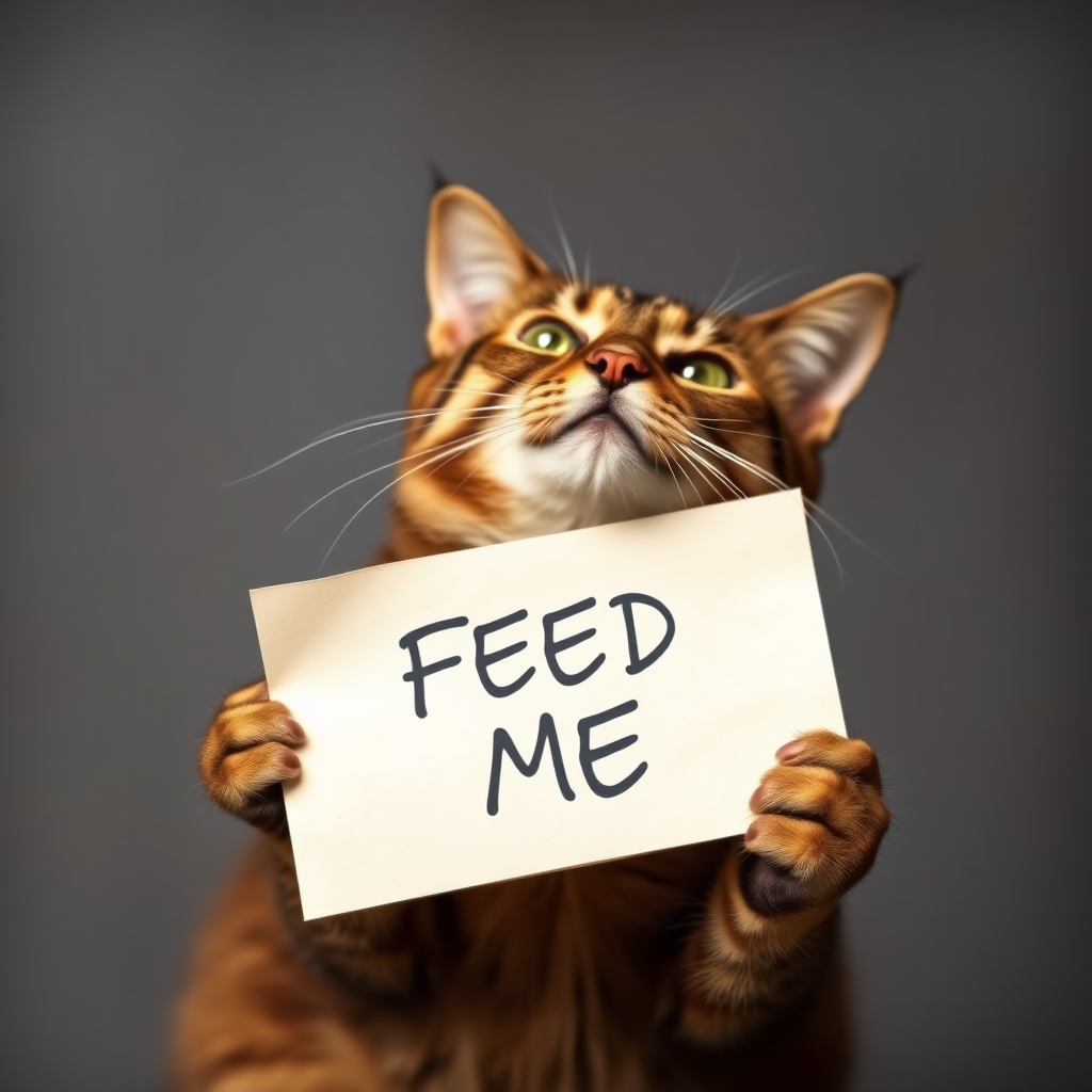 cat holding a note which says "FEED ME"