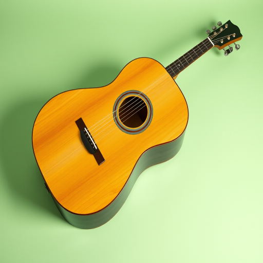 A high-resolution photo of an acoustic guitar on a pastel green background, taken with a Canon EOS R camera, 50mm lens, aperture f/2.8, ISO 100, and soft diffused lighting.