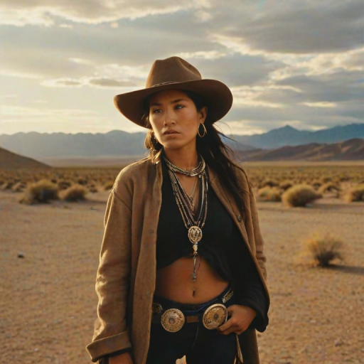 Dramatic photo of a beautiful Aymara woman, classic cowboy attire, confident and free spirit expression, half-length portrait, centered, golden hour desert landscape, warm, diffused light, low angle, medium format film camera, in style of Annie Leibovitz.