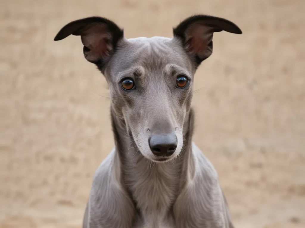 A Beautiful Greyhound Dog Posing Elegantly Against a Sandy Background.
