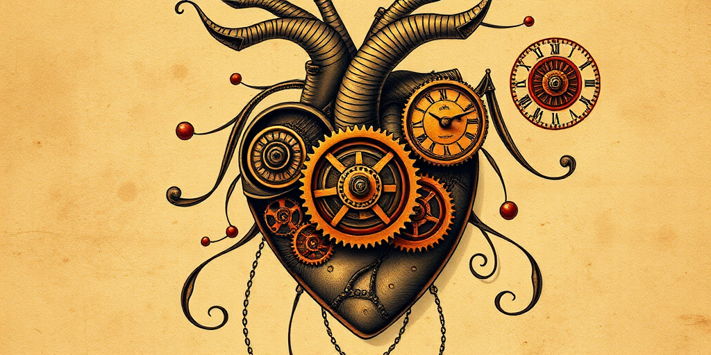 Steampunk-inspired mechanical heart tattoo with intricate gears and clockwork components, rendered in a sepia-toned palette with copper and brass accents for an authentic vintage feel