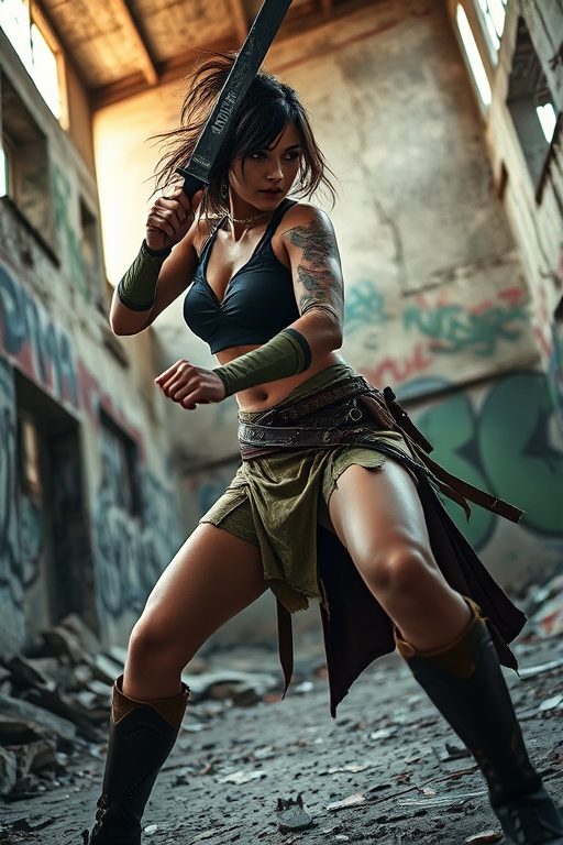 Female warrior in a dynamic pose in a ruined urban setting with graffiti, natural light, 50mm lens, f/1.8 aperture, ISO 200, shot from a low angle to emphasize strength and action.