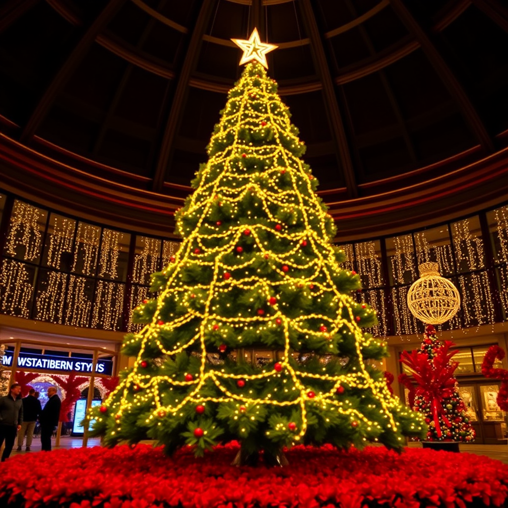 Create an image of a large, illuminated Christmas tree adorned with bright yellow lights in a festive indoor setting. The tree should have multiple tiers and a star on top. Surround the base with vibrant red decorations or flowers, creating a warm and cheerful holiday atmosphere.