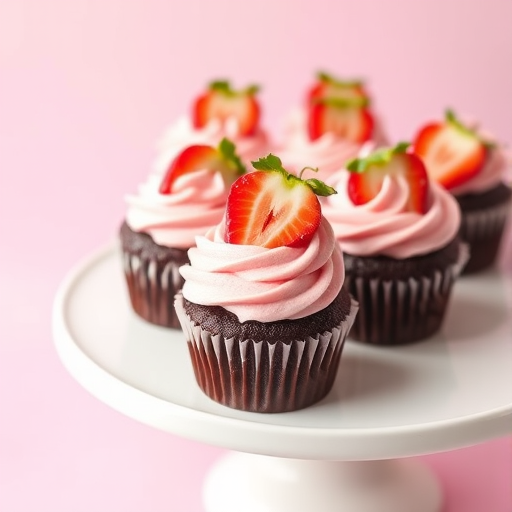 A collection of chocolate cupcakes with pink swirled frosting topped with fresh strawberry slices on a white cake stand with a soft pink background.