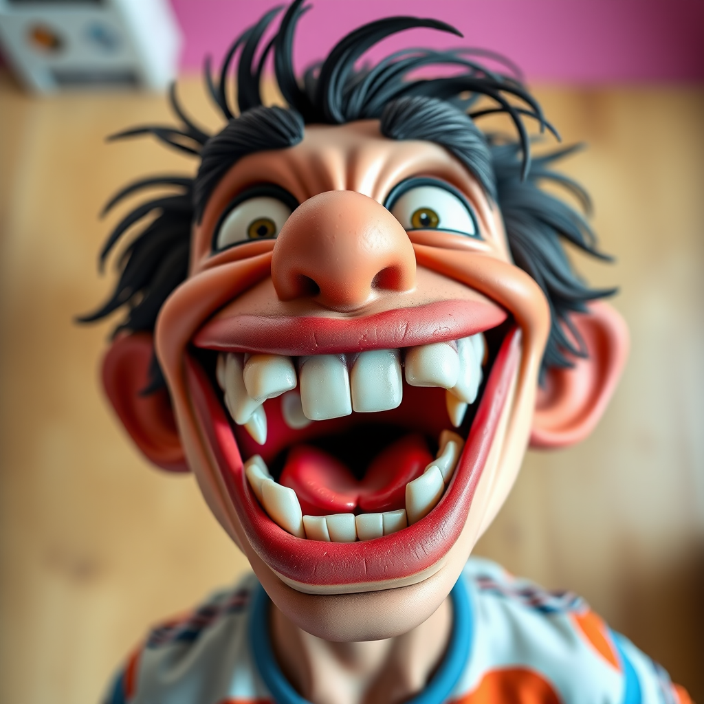 create a cartoonish character with exaggerated features, wide open mouth showcasing uneven teeth, a playful expression, bright colors, using a digital camera with a 50mm lens at f/2.8, HDR settings for enhanced detail, captured in a vibrant style, top-down view to emphasize facial features.