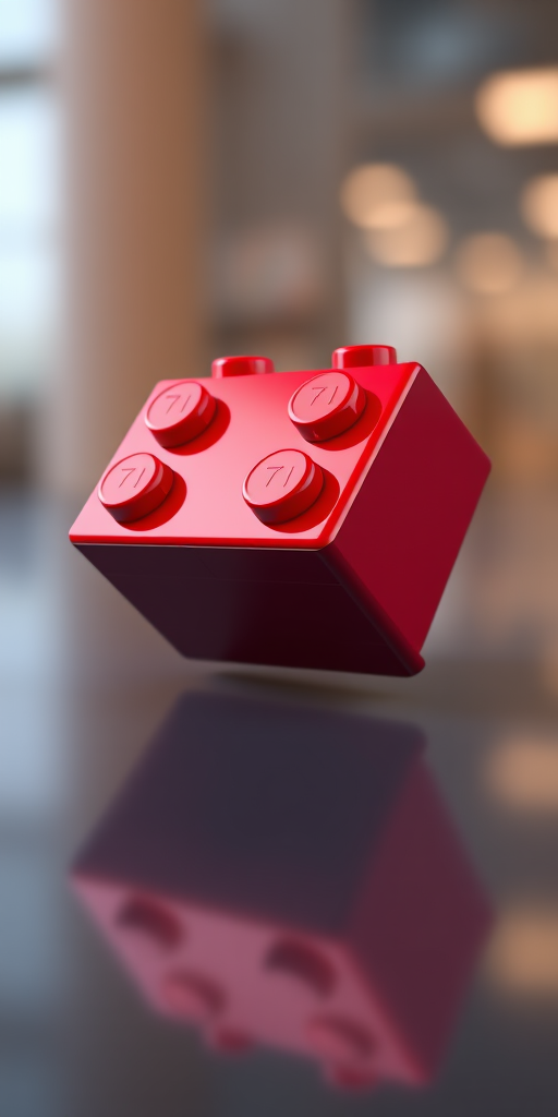 Create a high-resolution 3D rendering of a red LEGO brick with a glossy finish, soft lighting, and a blurred background using a DSLR camera at f/2.8, ISO 100, 50mm lens, focusing on the brick to enhance detail and depth.