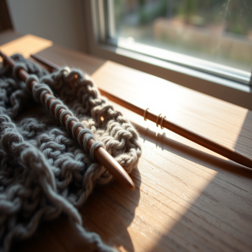 Close-up of a pair of knitting needles and a half-finished scarf resting on a wooden table, soft natural light from a nearby window casting delicate shadows across the yarn.