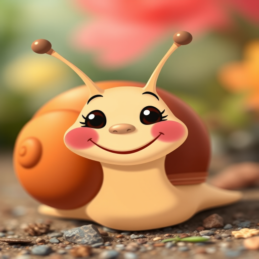 Create a cartoon illustration of a smiling snail with a brown shell and a beige body, in a vibrant color palette, captured in a close-up view using a professional DSLR camera with a 50mm lens at f/2.8, ISO 100, and 1/200 sec for optimal clarity and detail.