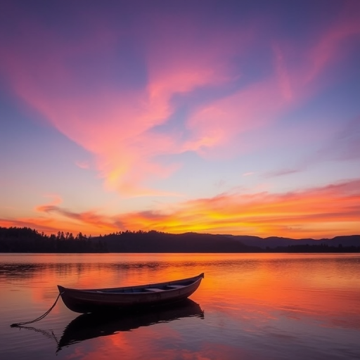 Capture a serene sunset over a calm lake with a single wooden boat in the foreground, enhancing the vibrant orange and purple hues in the sky, using a DSLR camera at f/8 aperture, ISO 200, 1/250 sec shutter speed, with a wide-angle lens, shot during the golden hour for soft lighting and rich colors.