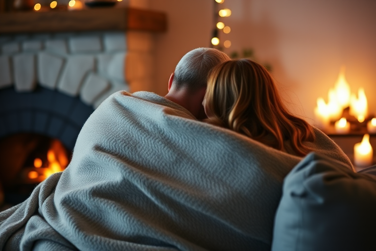 Warm, intimate image of a couple snuggling under a blanket on a couch, soft glow from a nearby fireplace casting warm shadows, with the sound of crackling wood and the smell of pine filling the room.