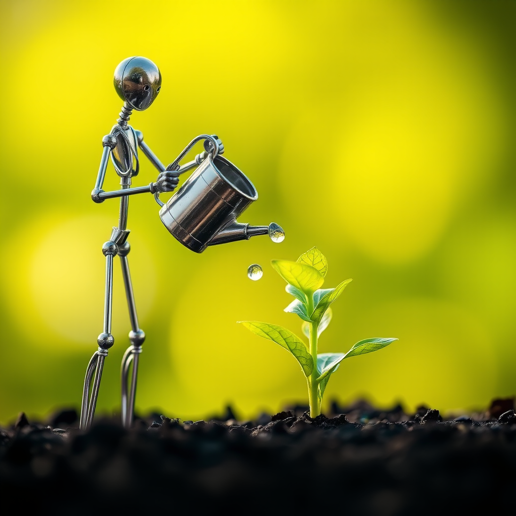 A metal figurine of a person, constructed from thin, silver rods, stands on the left side of the image, facing the viewer. The figurine is holding a small watering can and pouring water onto a young plant, with a few droplets in the air. The plant, with lush green leaves, is situated in the center, growing from dark soil. The background is a soft, out-of-focus blur of green, illuminated by warm, natural light.  The composition creates a sense of depth and intimacy. The image evokes feelings of growth, nurture, and hope.