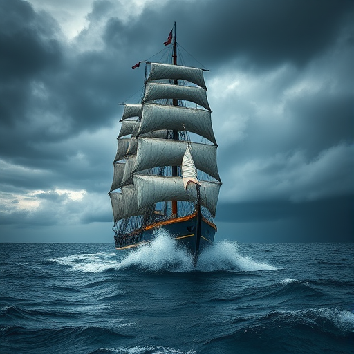 A majestic sailing ship with billowing sails navigating tumultuous ocean waves under a stormy sky, captured with a Canon EOS R5, f/8 aperture, ISO 200, 1/500 shutter speed, wide-angle lens, HDR style for enhanced detail and contrast.