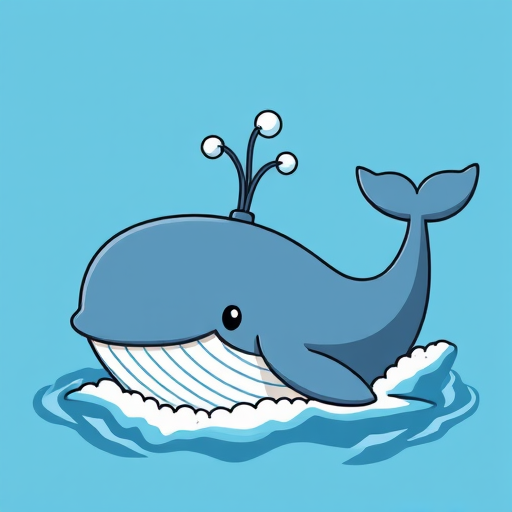 Create a cartoon-style illustration of a whale with a water spout, using a Canon EOS R5, 50mm lens, f/2.8 aperture, ISO 100, and a high dynamic range for vibrant colors and sharp details.