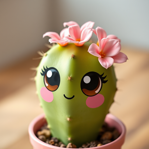 Create a cute cartoon cactus character with large expressive eyes and pink flowers on top, positioned in a pink pot, in high resolution, taken with a DSLR camera, 50mm lens, f/2.8 aperture, ISO 100, and natural soft lighting to enhance colors and details.