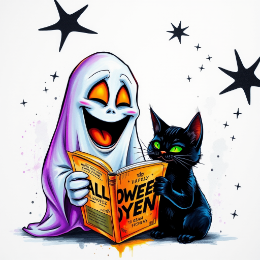 Image of a ghost and a black cat laughing exaggeratedly , and reading a comic halloween comic book, alcohol ink airbrush style, funny halloween theme, white background with neon purple, neon orange, neon green splash, black sparkles stars , dazzling BG