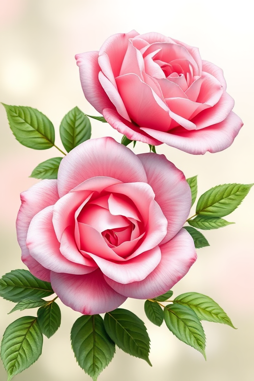 high-resolution botanical illustration of two pink roses with green leaves, soft-focus background, using a DSLR camera, 50mm lens, f/2.8 aperture, ISO 100, natural light, floral photography style
