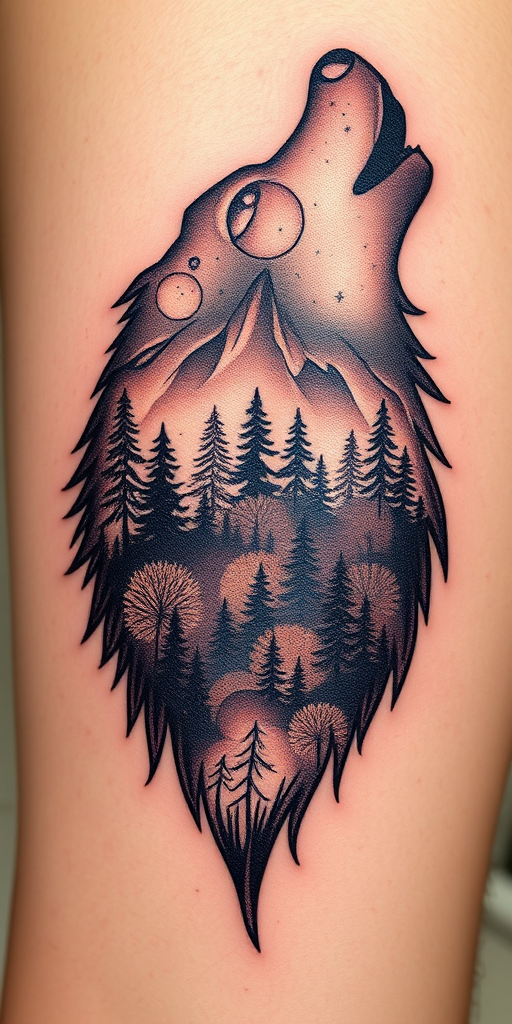 nature-inspired dotwork tattoo featuring a majestic wolf silhouette filled with intricate forest scenes and constellations, gradually fading into the skin for a ethereal effect