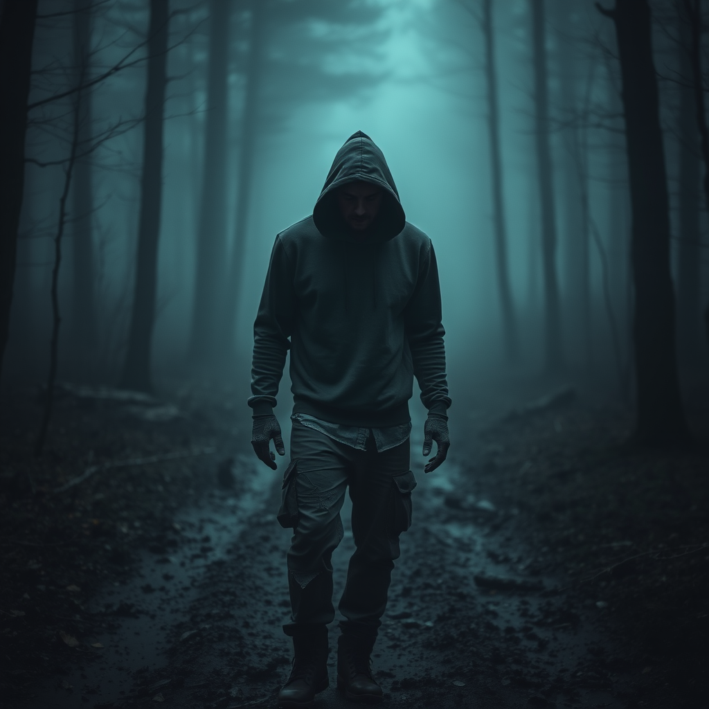 regenerate image of a mysterious figure in a foggy forest wearing a hoodie and tattered clothing, walking down a muddy path, low-light conditions, DSLR camera settings: f/2.8, ISO 800, shutter speed 1/60, 35mm lens, portrait orientation, dramatic lighting, cinematic style