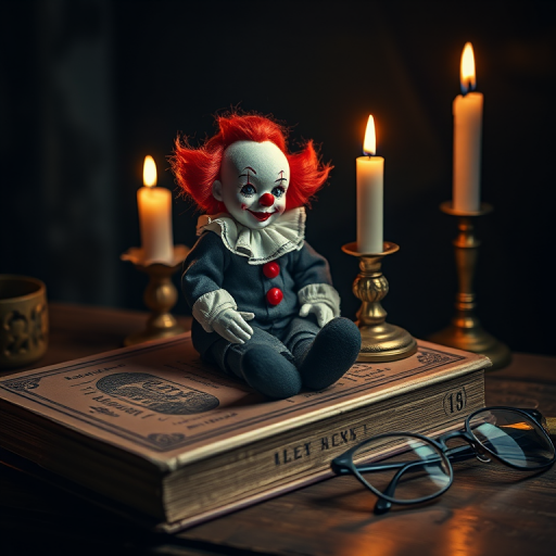 Create a surreal image featuring a clown doll sitting on an antique book beside a lit candle, with a pair of glasses nearby, using a DSLR camera at f/2.8, ISO 100, shutter speed 1/60s, in a soft focus style with dramatic lighting to enhance texture and mood.