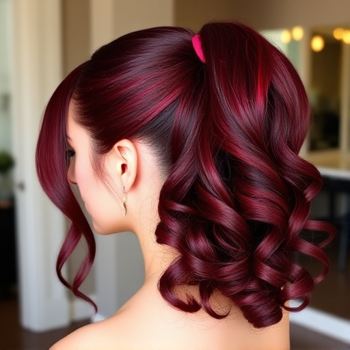 Regal deep burgundy to garnet red ombre styled in a sleek high ponytail with a wrapped base and cascading curls for a glamorous evening look