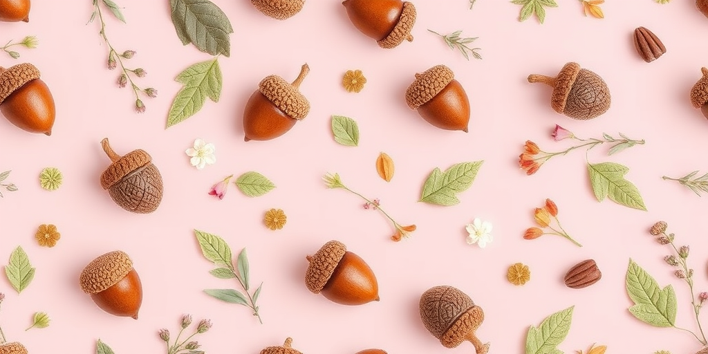 Create a seamless pattern of acorns, leaves, and floral elements on a pastel pink background, captured with a DSLR camera at 50mm, f/2.8, ISO 100, with soft natural lighting and a macro lens for detailed texture.