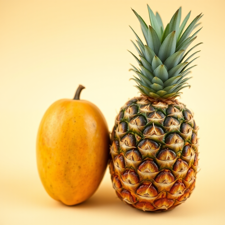 Generate a high-quality image of a mango and a pineapple on a plain background using a DSLR camera with a 50mm lens, aperture f/2.8, ISO 100, and a shallow depth of field for a soft background blur.