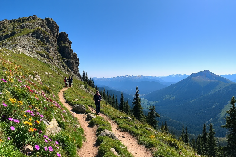 Scenic mountain trail during spring, with wildflowers blooming along the path, a group of hikers making their way up, and a clear blue sky enhancing the sense of adventure.
