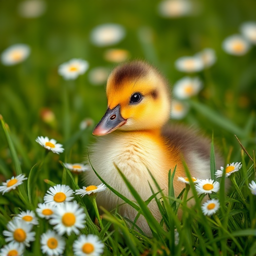 A fluffy duckling sitting in green grass adorned with daisies, captured with a Canon EOS 5D Mark IV, 50mm lens, f/1.8 aperture, ISO 100, natural lighting, shallow depth of field for a soft background blur.