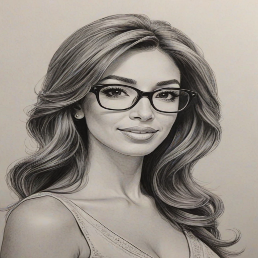 Superb Farrah Abraham, pencil sketch, portrait of Superb woman 1965s in glasses, hair style beatnik, outline, clear lines, fine lines, 8k