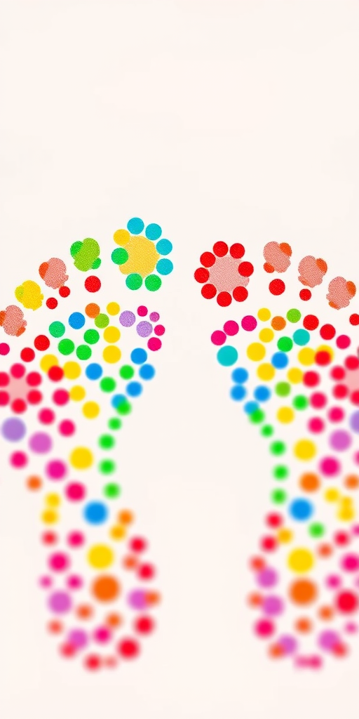 Generate an image of colorful, playful footprints made of vibrant dots on a white background, using a DSLR camera with a 50mm lens, aperture set to f/2.8, ISO 100, and a shallow depth of field for a crisp focus effect.