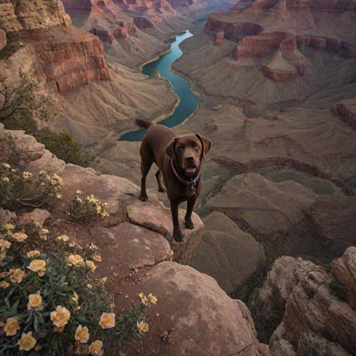 dark and unsettling dream showing in Grand Canyon, USA, Overhead View, sage and brown Labrador Retriever is esthetic, captivating spring bloom on the background , avatar of elements. magical surrealism, wizardry. best quality, high resolution (embedding:dw01-3400:0.8) <lora:F_QuinnXL:0.8>