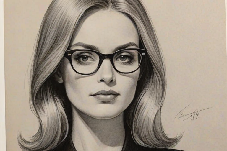 Fascinating Malin 'kerman, pencil sketch, portrait of Captivating woman 1967s in glasses, hair style beatnik, outline, clear lines, fine lines, 8k