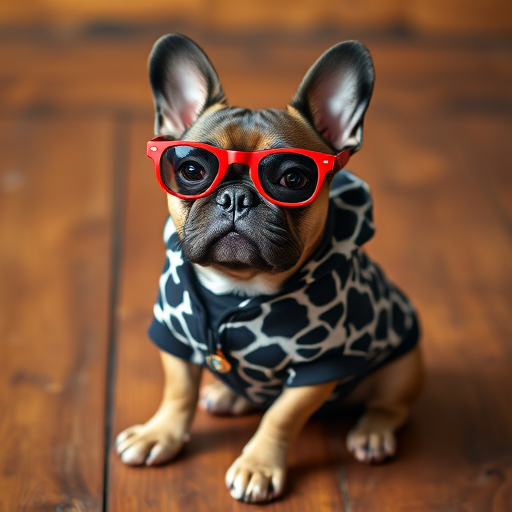 French Bulldog in a fashionable black and white giraffe-print outfit with red sunglasses, sitting posed on a wooden surface, shot with a Canon EOS R5, 50mm lens, f/1.8 aperture, ISO 200, exposure 1/200 sec, soft natural lighting.