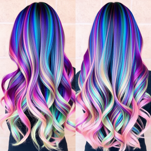 Multi-toned rainbow hair in long, flowing waves showcases the "Prism Cascade" style, featuring a seamless blend of vibrant hues that transition from deep indigo at the roots through shades of emerald, sapphire, amethyst, ruby, and golden topaz, culminating in pale pink tips that create a mesmerizing spectrum of color