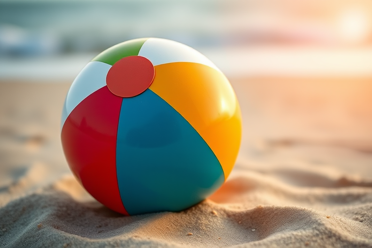Generate a high-resolution image of a colorful beach ball on a sandy beach, using a DSLR camera with a 50mm lens, aperture set to f/2.8, ISO 100, and a shallow depth of field to create a soft background blur.