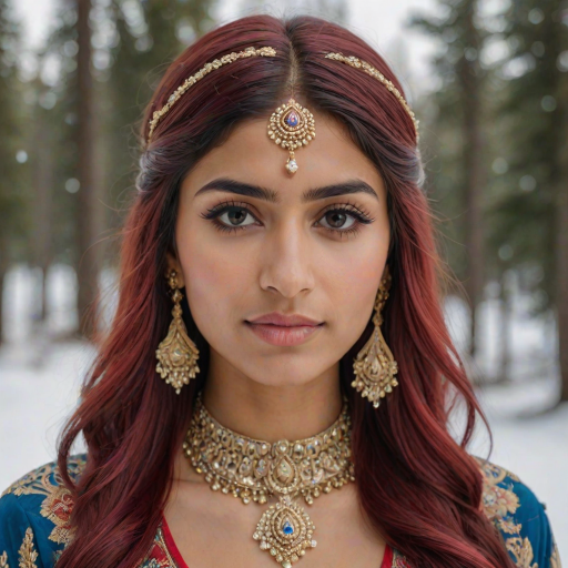 mia khalifa with long, flowing red hair, wearing a traditional, ornate red and blue costume with gold accents and intricate embroidery, stands facing the viewer in a close-up portrait. Her hair is styled in a high ponytail and adorned with a pair of golden, winged hairpieces. She wears gold earrings and her makeup is accented with light pink blush and a bright red lip. She has a soft and slightly melancholic expression, with her eyes looking directly at the camera. The background is a blurred, out-of-focus snowy landscape, with the woman in the foreground. The lighting is soft and natural, creating a warm, intimate atmosphere. The image is composed using a shallow depth of field, with the woman as the main focal point. The overall style is elegant, delicate, and fairytale-like.